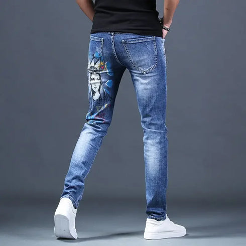 Slim Fit Korean Streetwear Graphical Printed Luxury Hip-Hop Stretch Denim Jeans for Men - Perfect Medium Wash Jeans Outfit